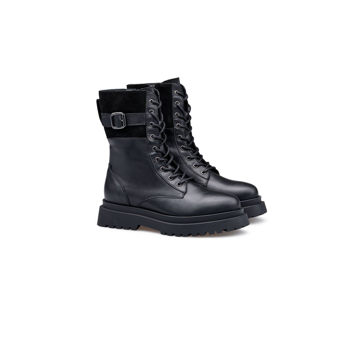 Leder-Schnürstiefeletten mit Schnalle