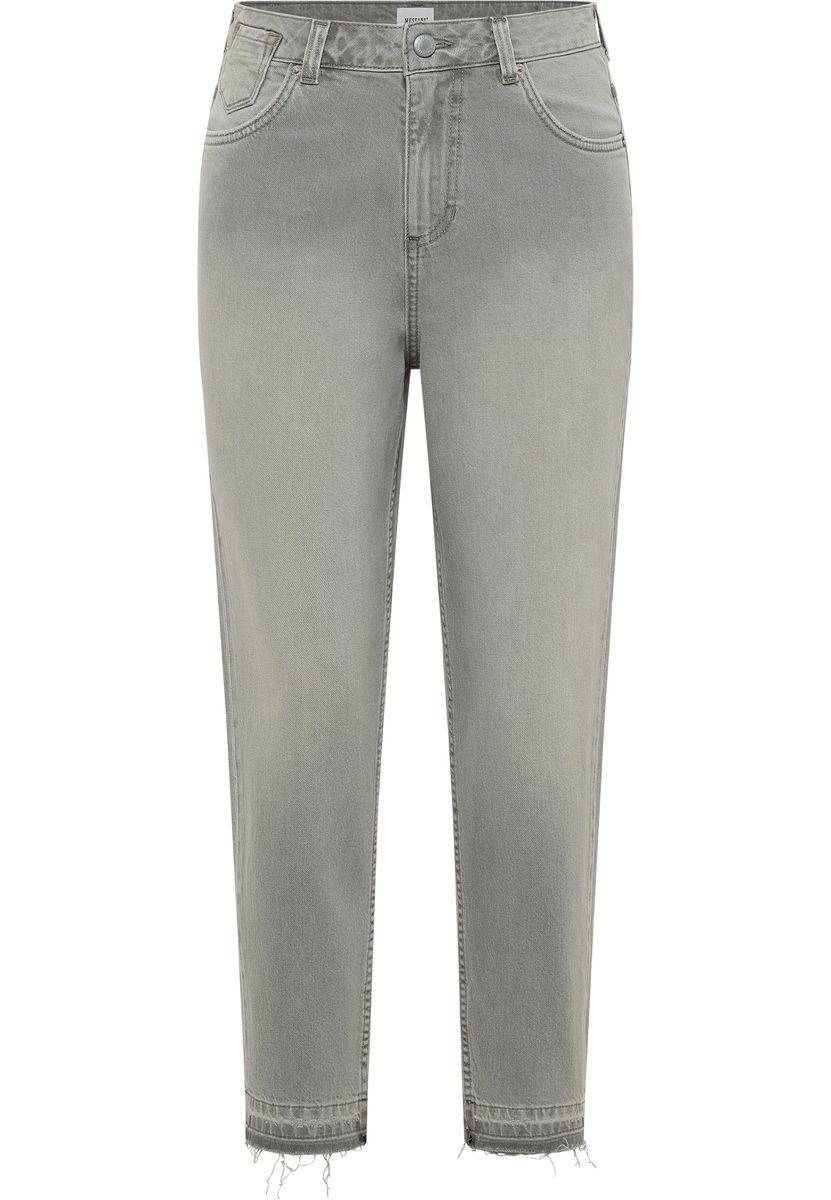 High-Waisted Tapered Jeans mit Fransensaum