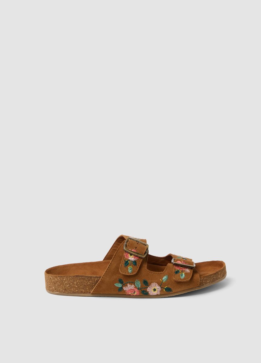 Blumig bestickte Sandalen mit Doppelriemen