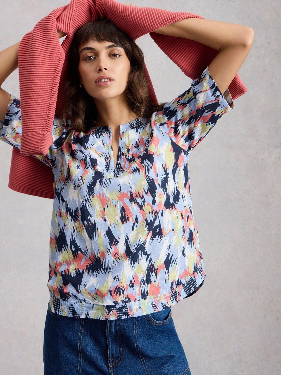 Bedrucktes Baumwoll-Shirt mit Keilausschnitt