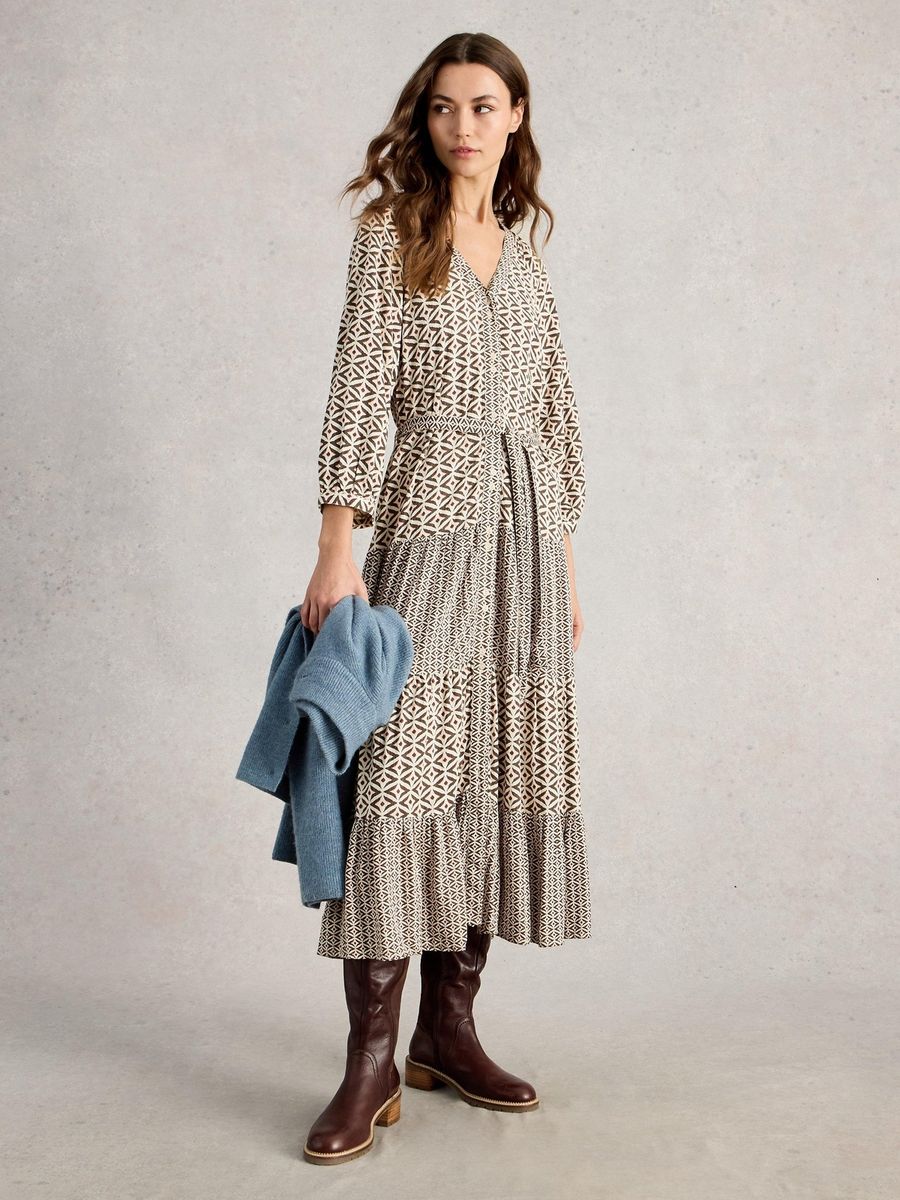 Gemustertes Midikleid mit Stufensaum