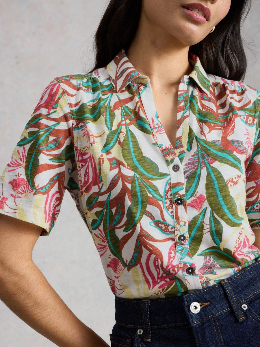 Jersey-Bluse mit tropischem Blattmuster