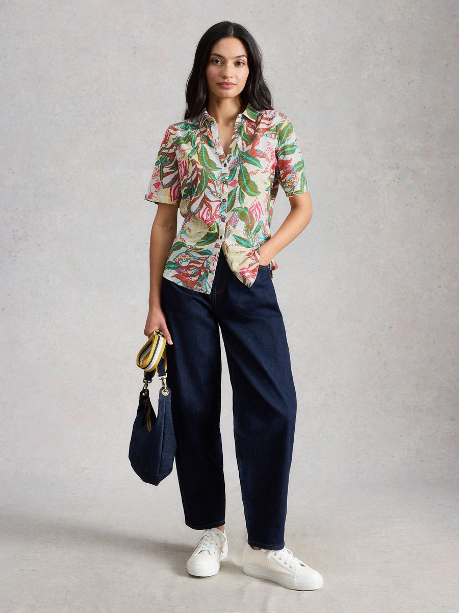 Jersey-Bluse mit tropischem Blattmuster