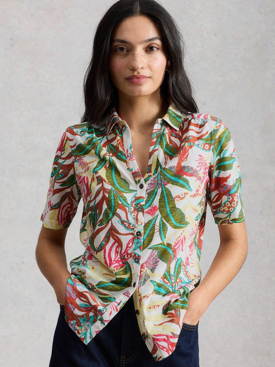 Jersey-Bluse mit tropischem Blattmuster