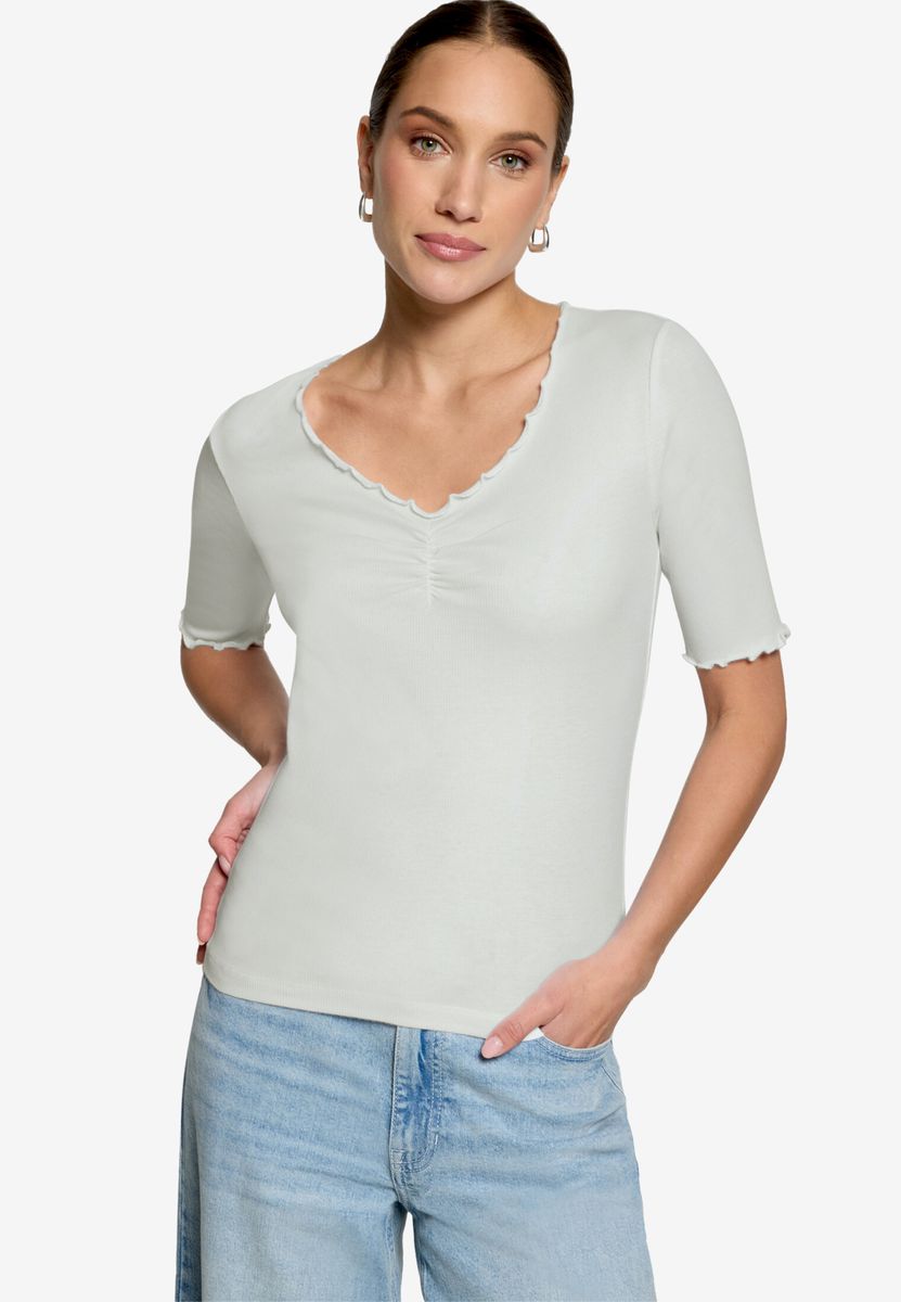 Geripptes T-Shirt mit Raffung