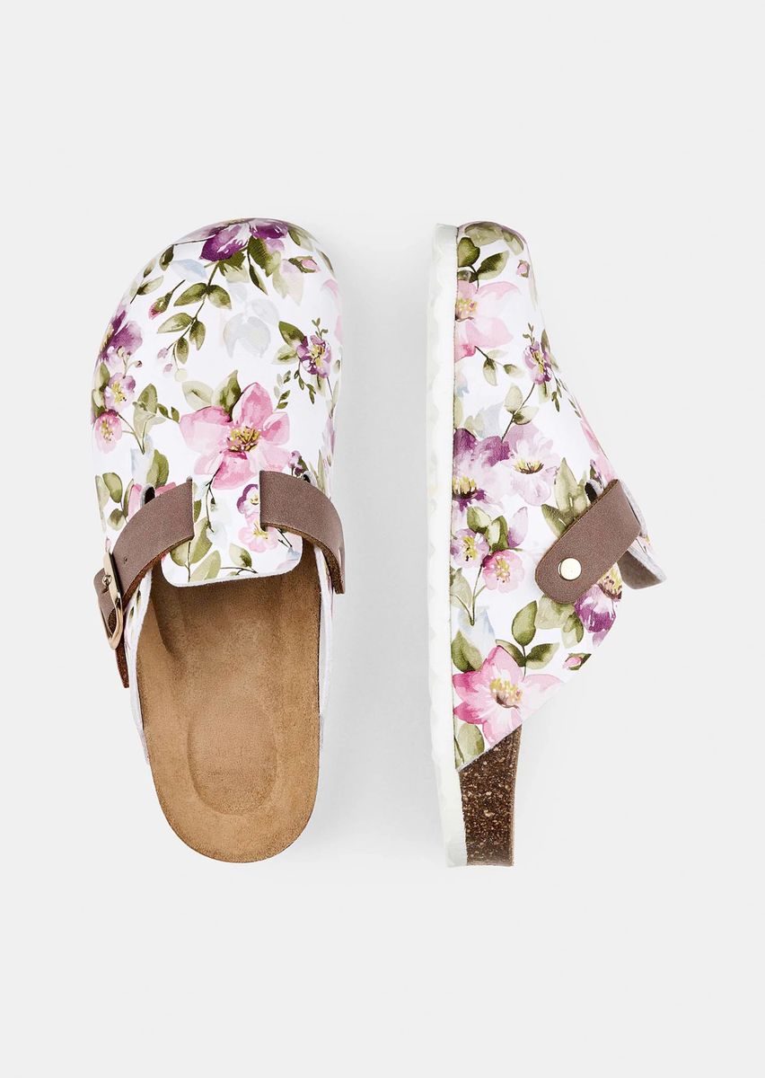 Leder-Pantoletten mit floralem Print
