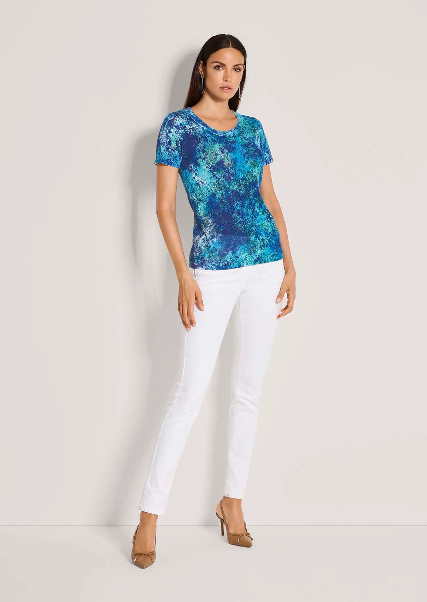 Feinstrick-Kurzarmpullover mit abstraktem Print