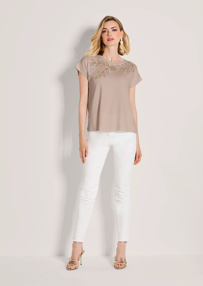 Kurzarmshirt mit Pailletten-Blumenmotiv