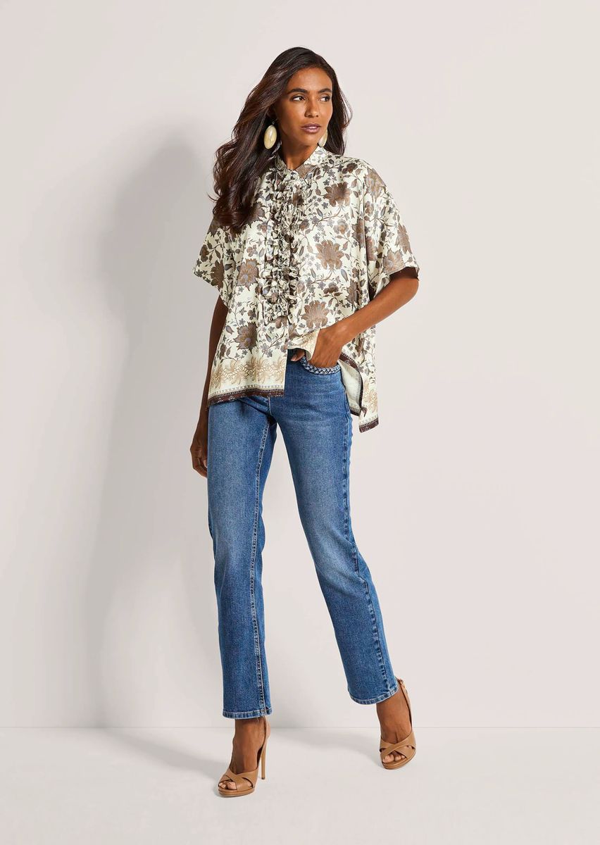 Florale Kimono-Bluse mit Rüschen