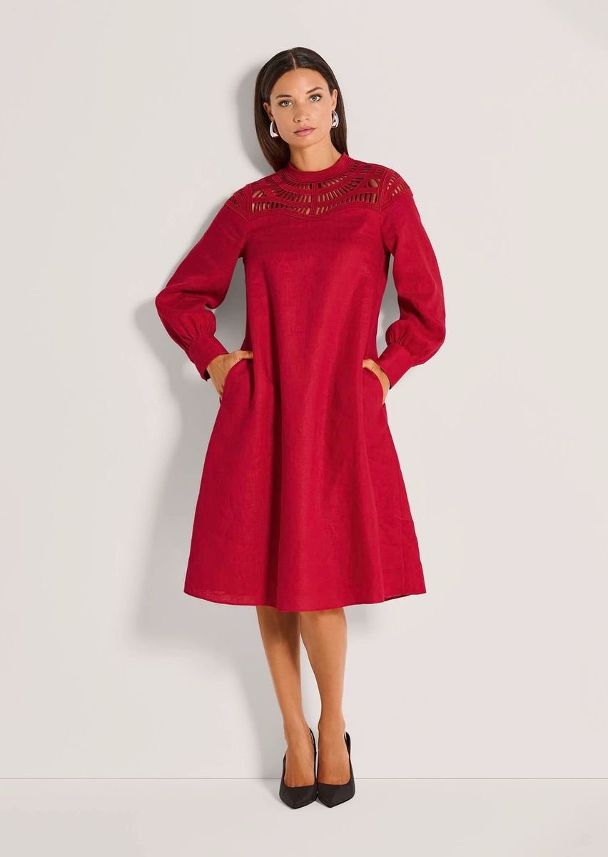 Leinen-Midikleid mit Spitzenbesatz