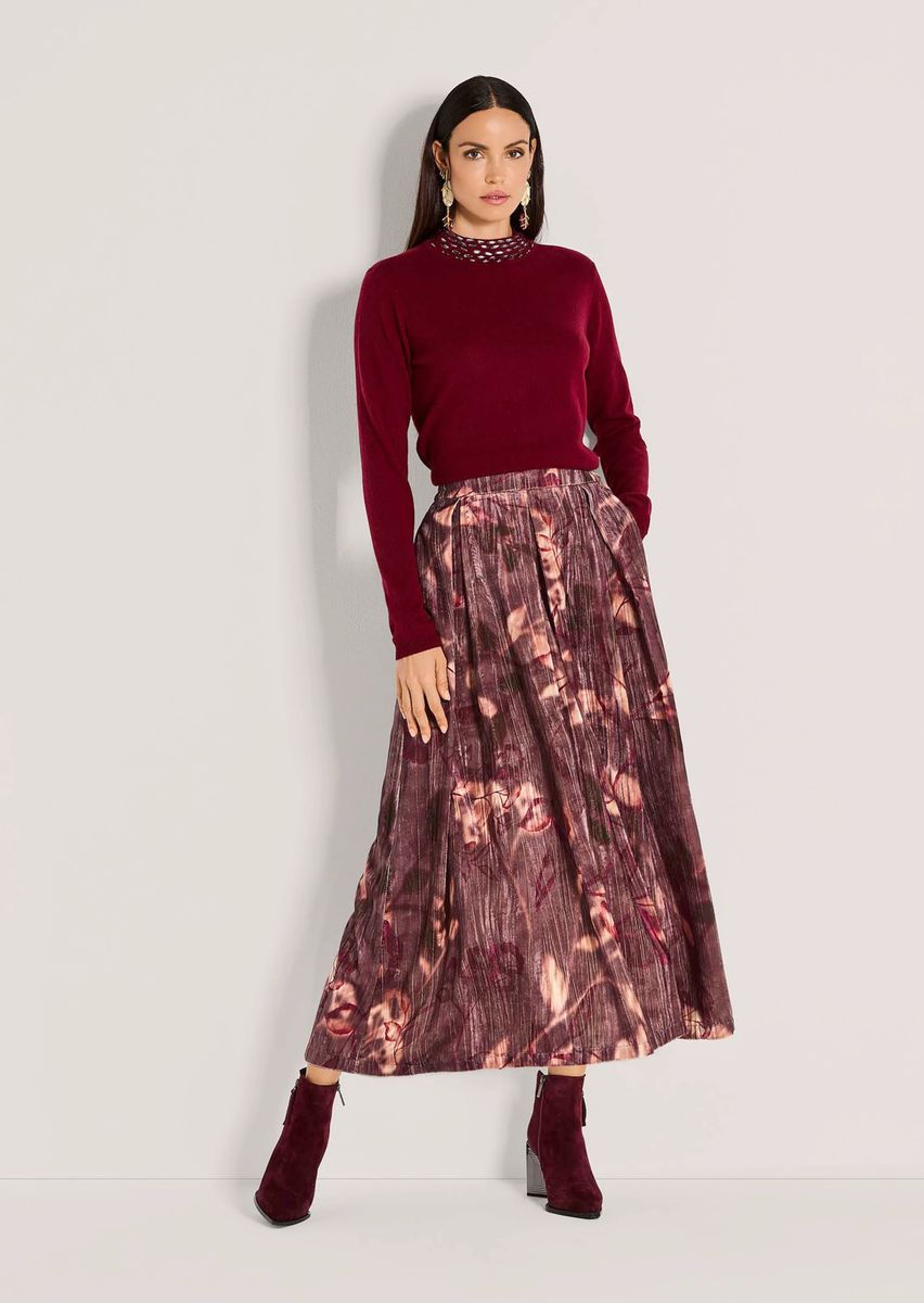 Floral bedruckter Midi-Rock aus Crinkle-Samt