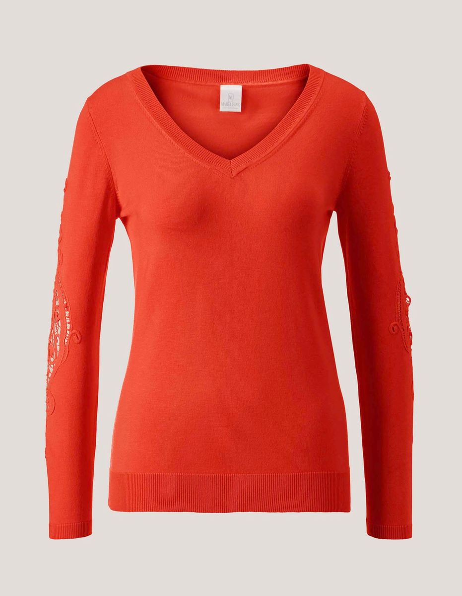 Feinstrick-Pullover mit V-Ausschnitt und Spitze