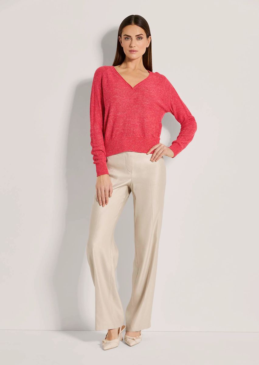 V-Pullover mit Pointelle-Muster aus Leinen-Mix