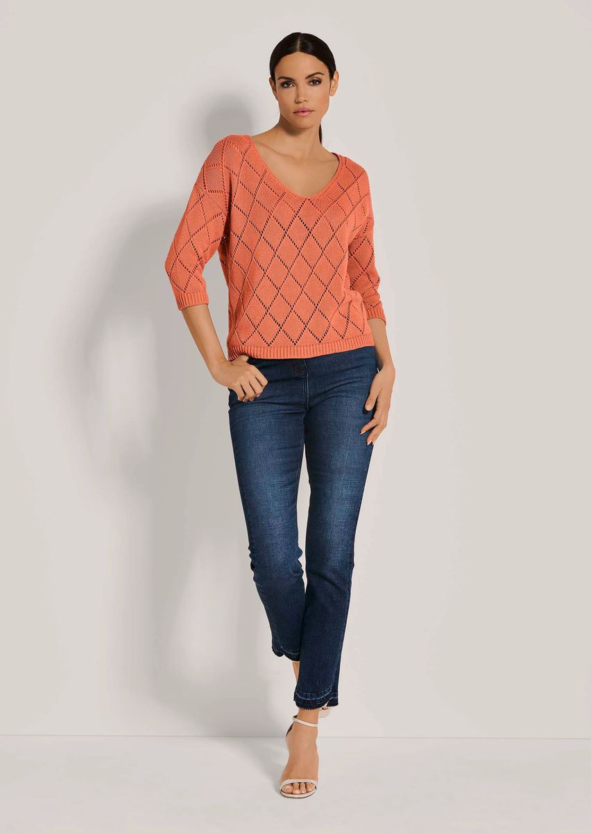 Baumwoll-Leinen-Pullover mit Pointelle-Muster