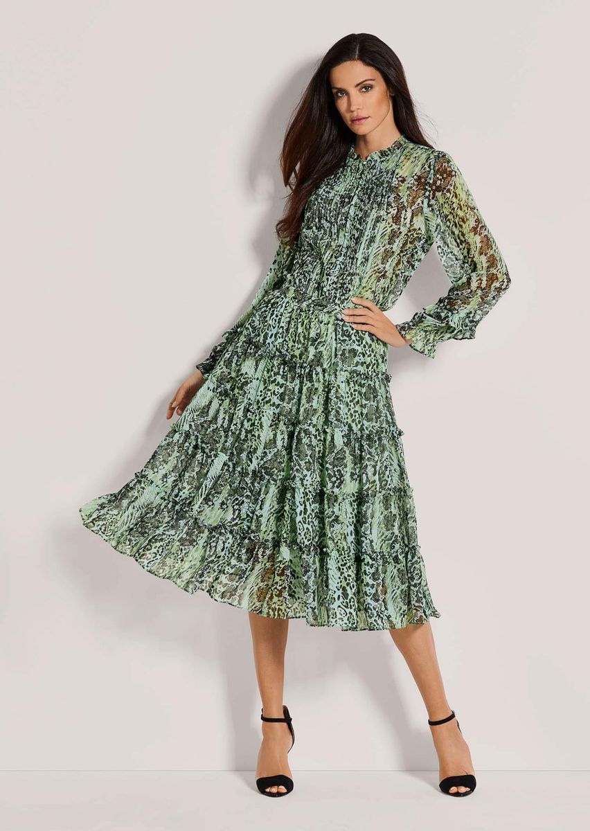 Gestufter Chiffon-Midi mit Schlangenmuster