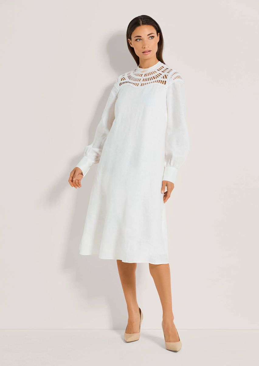Leinen-Midikleid mit Spitzen-Details