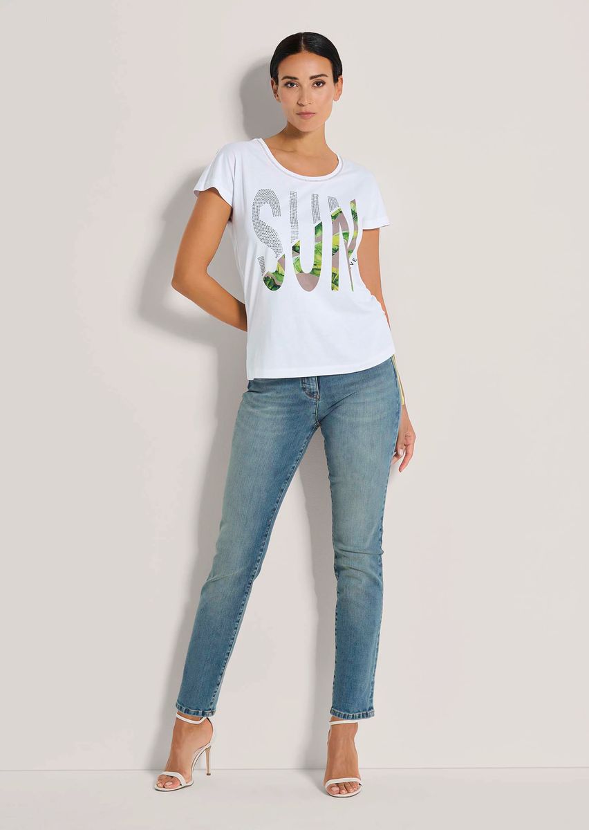 T-Shirt mit 'SUN' Statement-Print und Strasssteinen