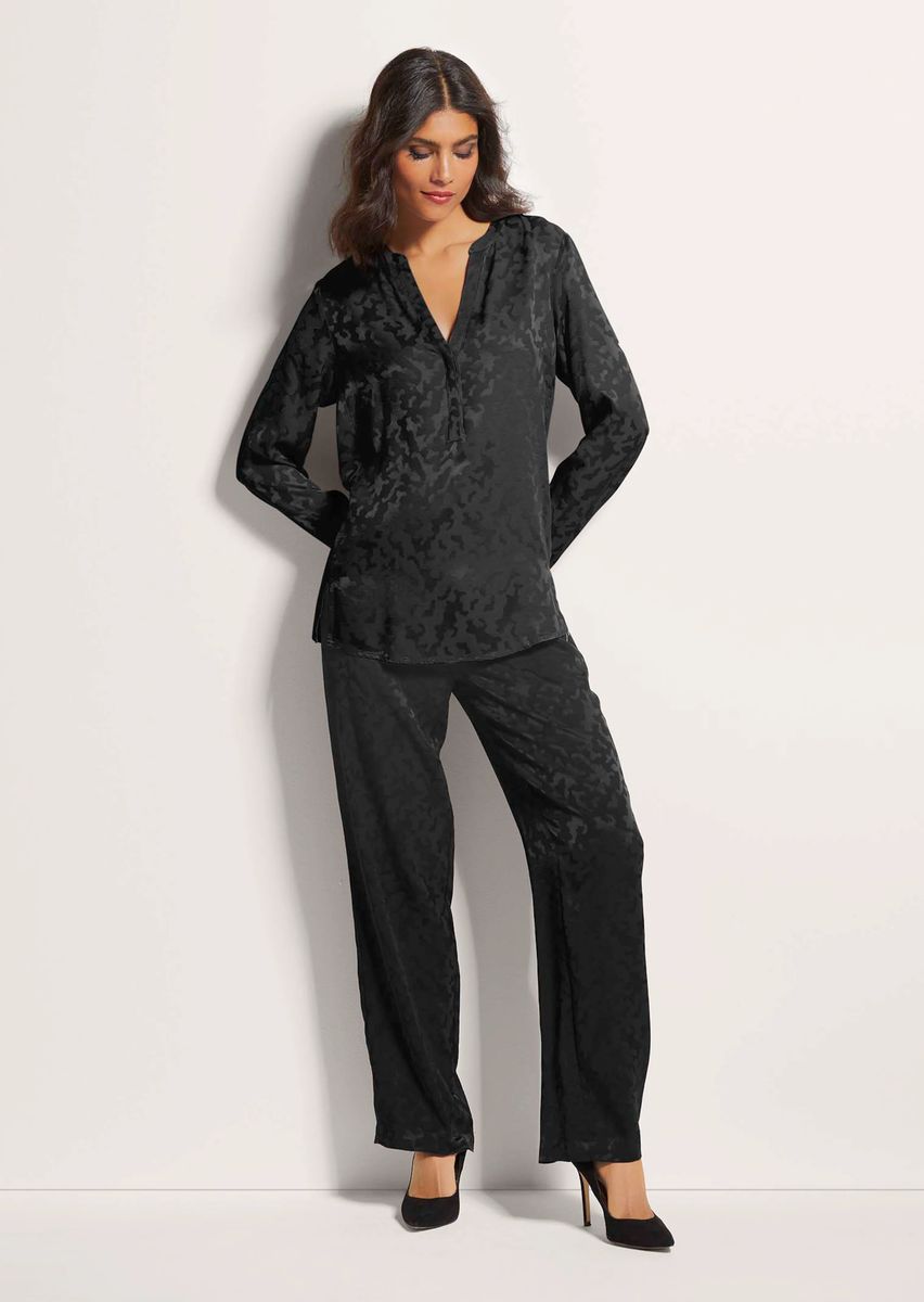 Elegante Jacquard-Longbluse mit Split-Ausschnitt