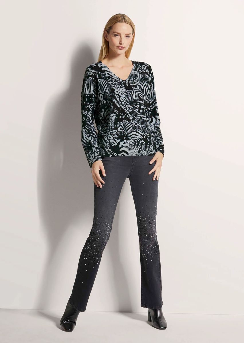 V-Pullover mit gemischtem Animal-Print