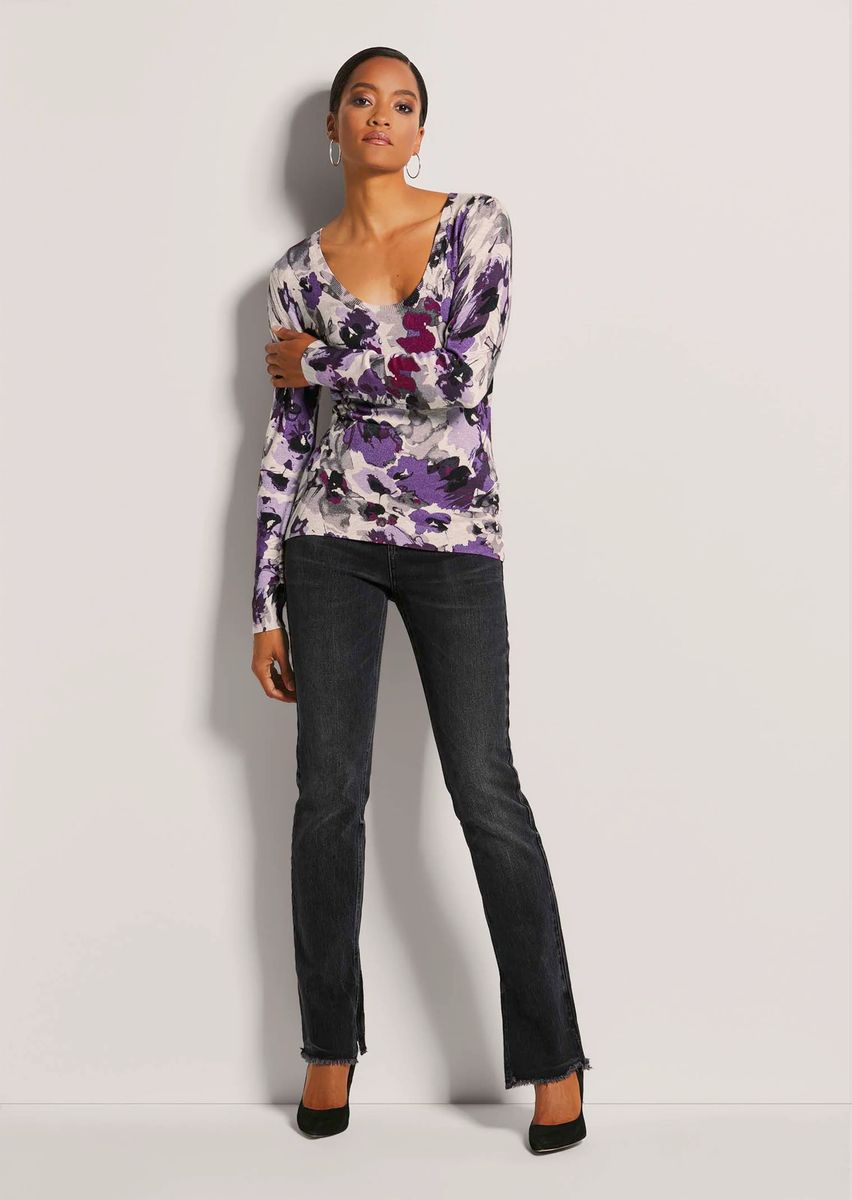 Feinstrick-Pullover mit Aquarell-Blumenmuster