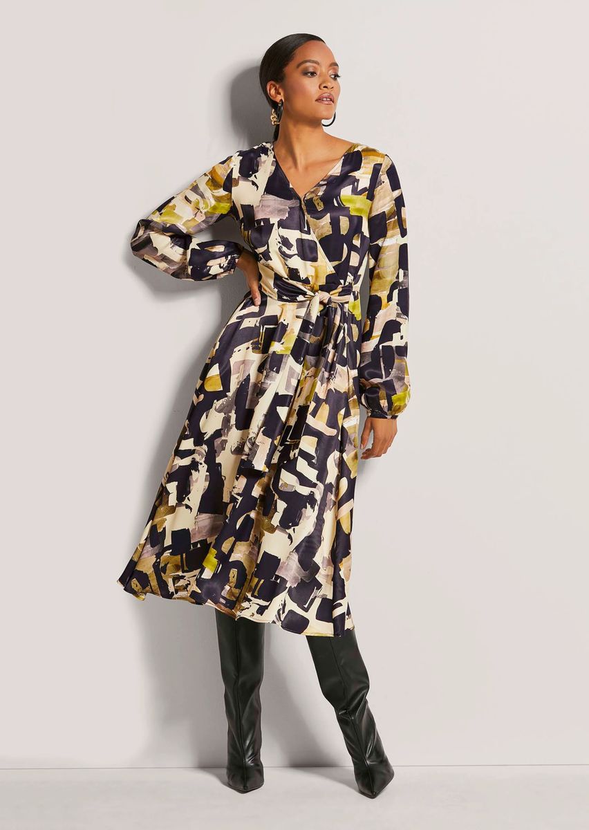 Satin-Midikleid mit abstraktem Print