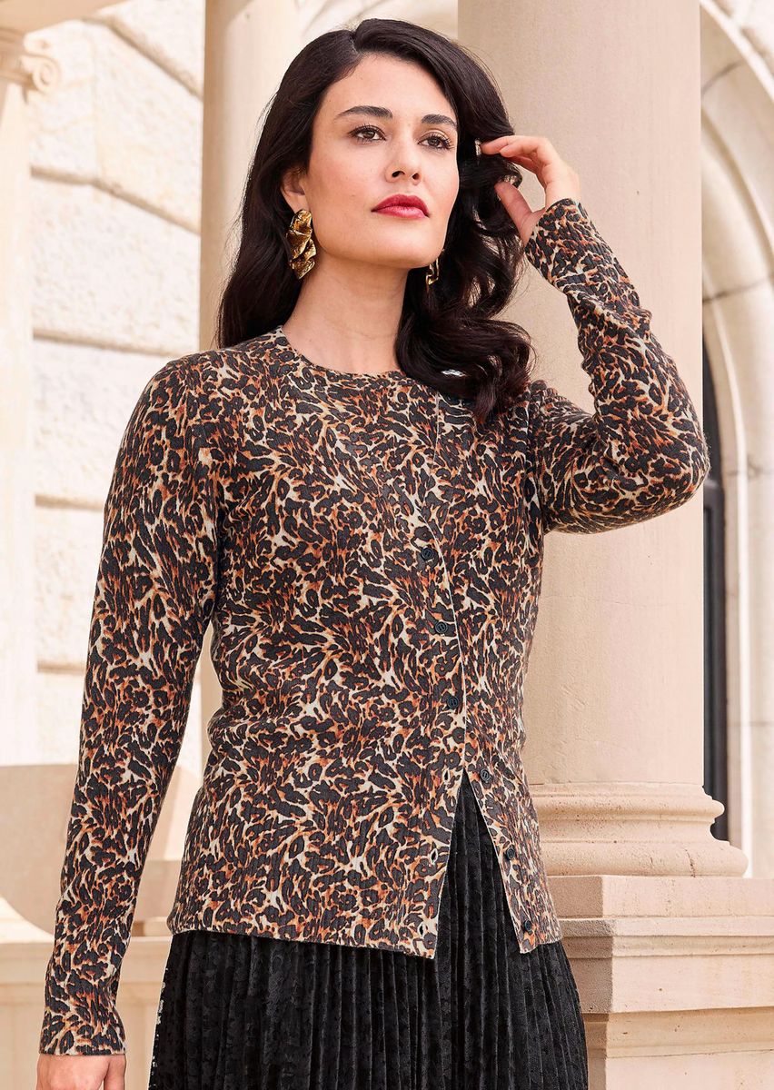 Kaschmir-Strickjacke mit Leopardenmuster