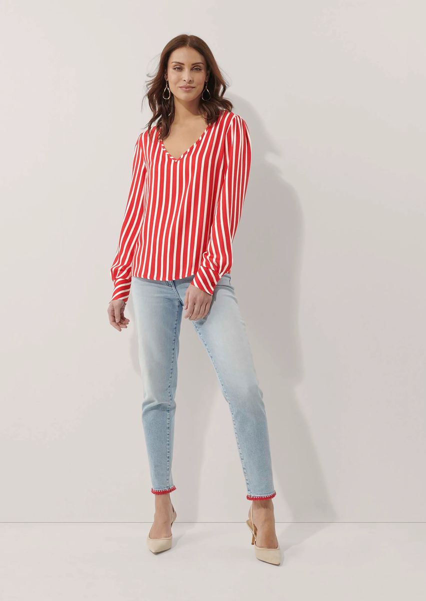 Satinbluse mit Streifen und V-Ausschnitt