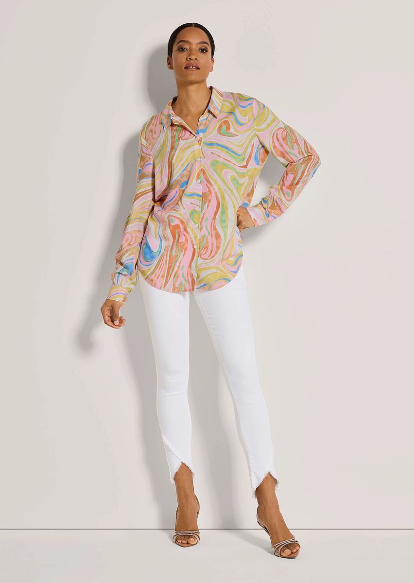 Longbluse mit buntem Marmordruck