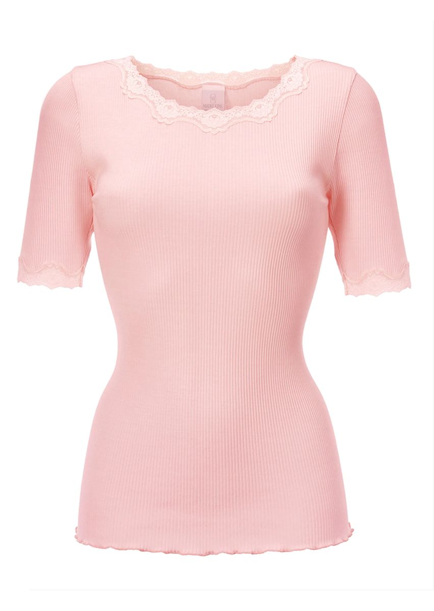 Rippshirt mit Spitzenbesatz und Seidenanteil
