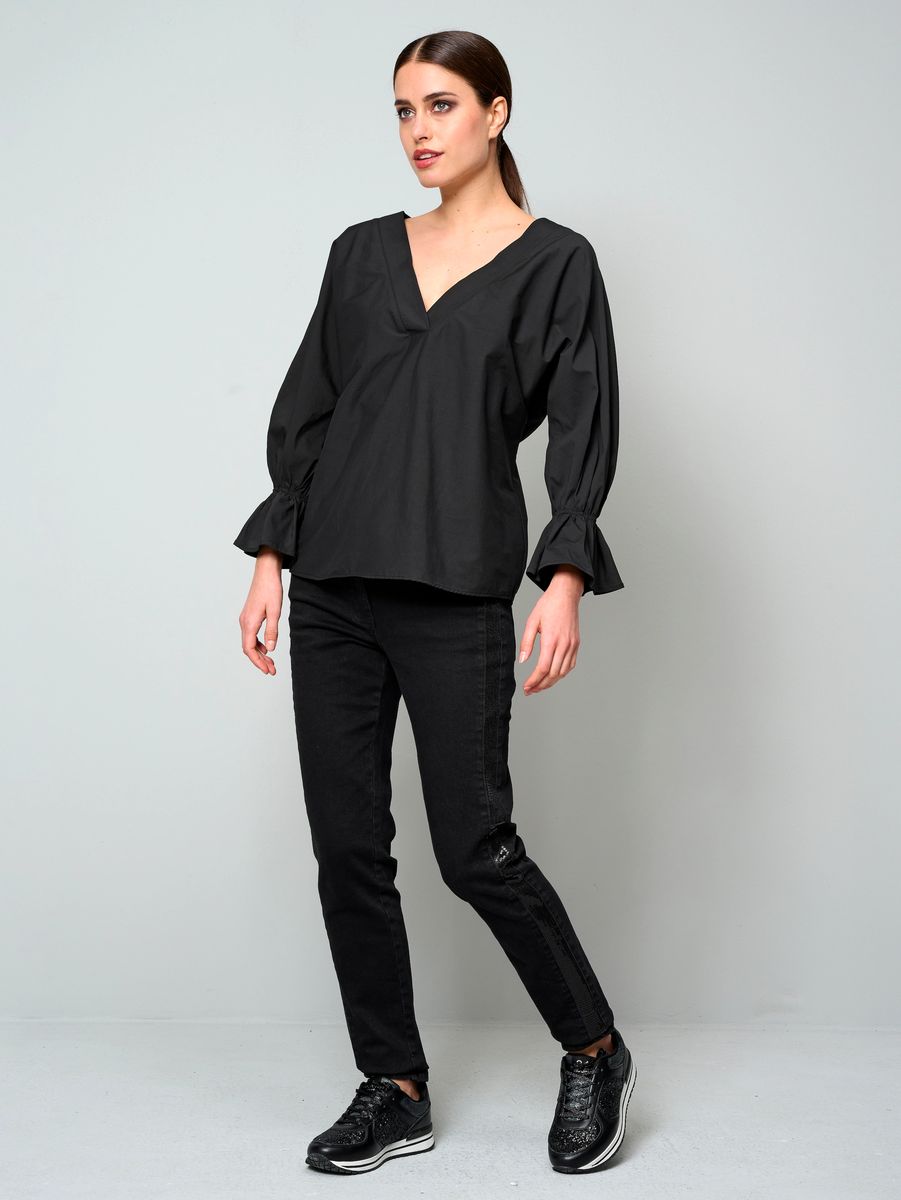 Oversize-Popeline-Bluse mit Volant-Ärmeln