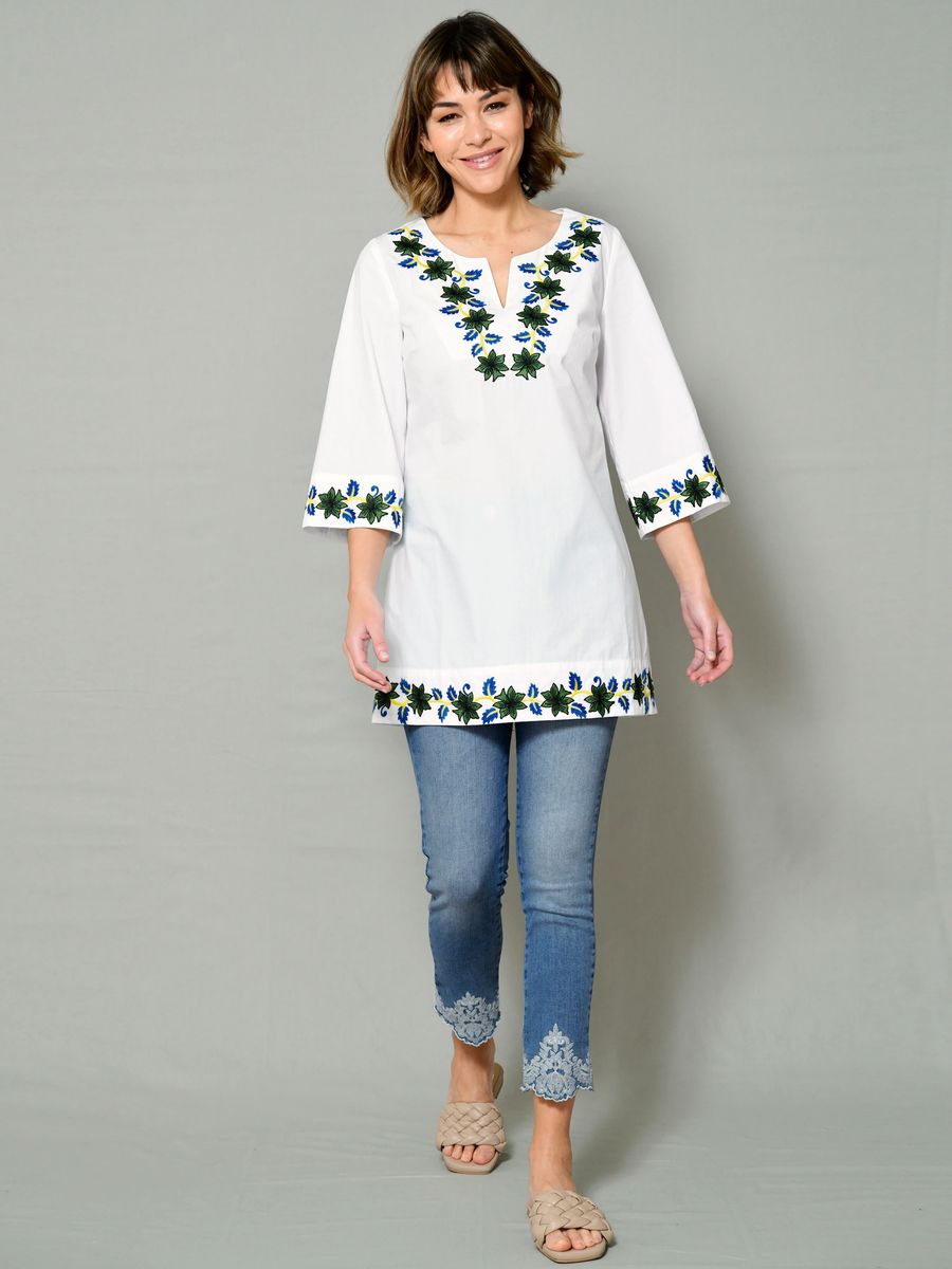 Bestickte Baumwolltunika mit Blumenmuster