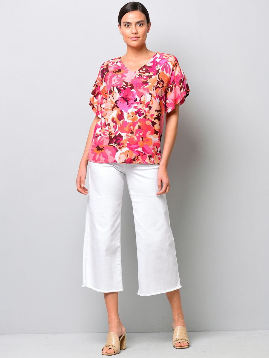 Farbenfrohe Blumenbluse mit Volant-Ärmeln