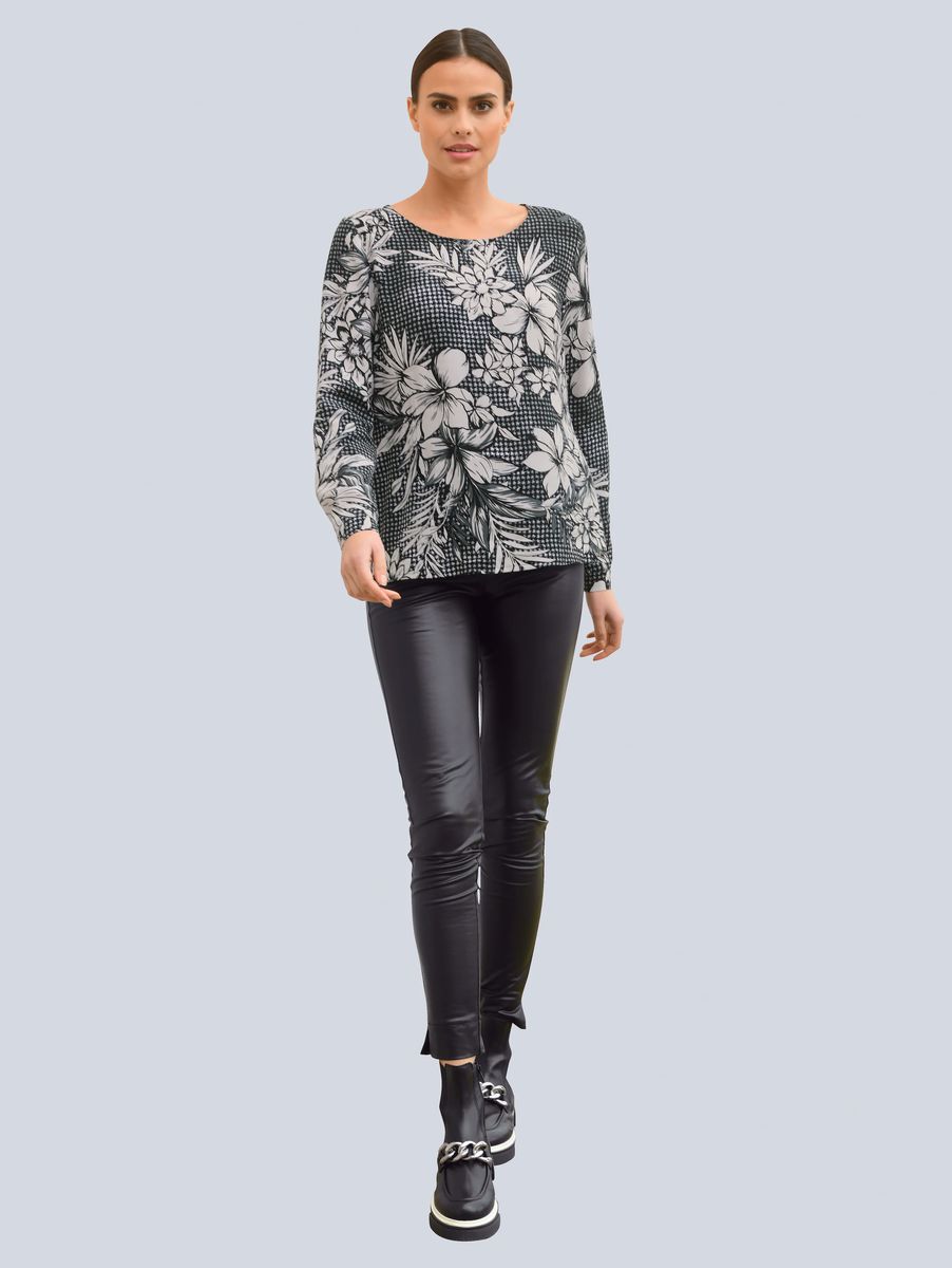 Bluse mit Blumen- und Hahnentrittmuster
