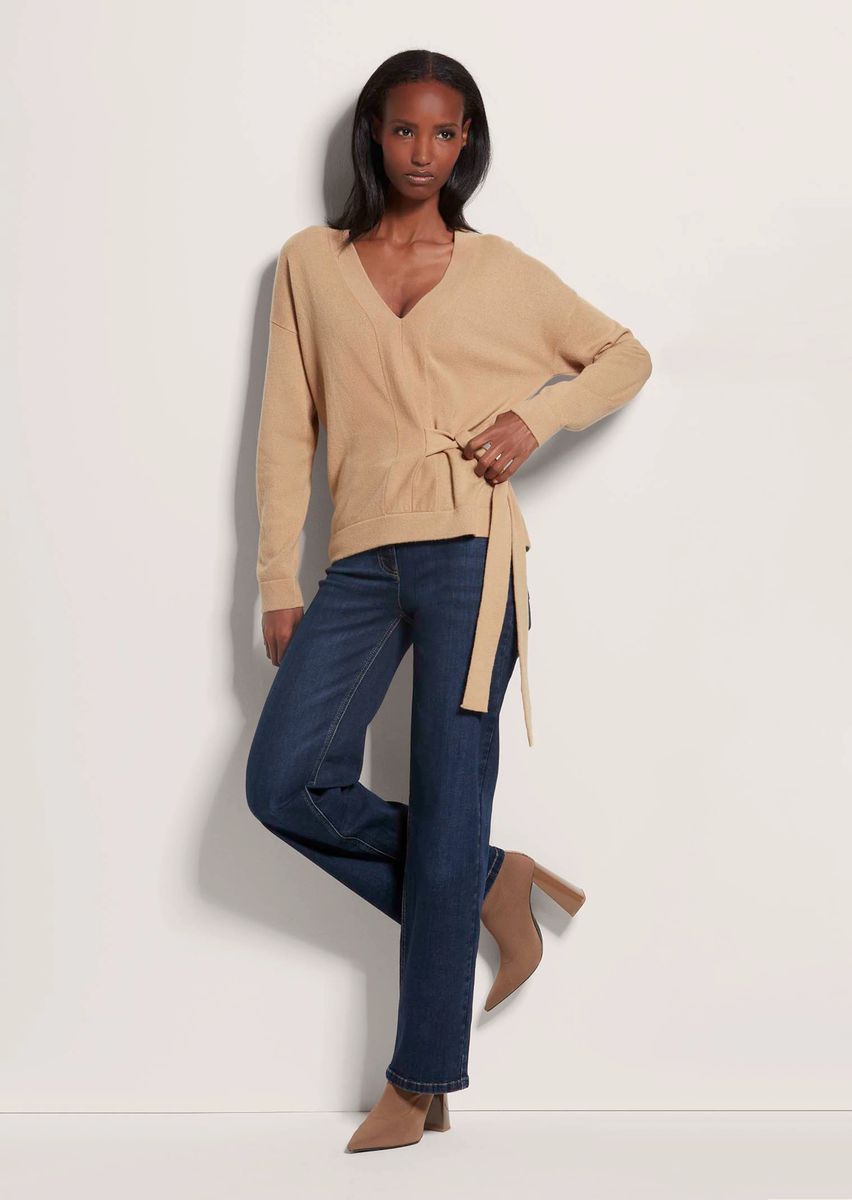 V-Pullover mit Bindeband an der Taille