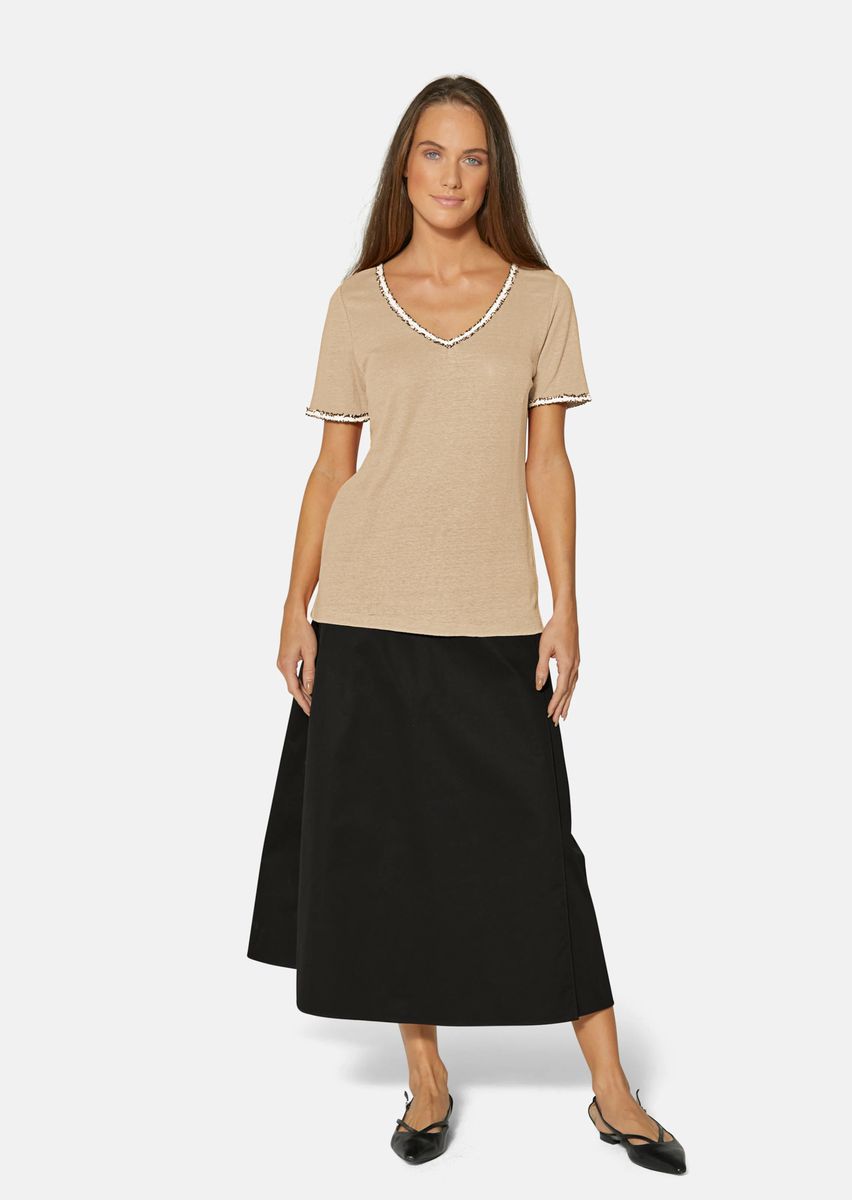 Leinenshirt mit V-Ausschnitt und Tweed-Besatz