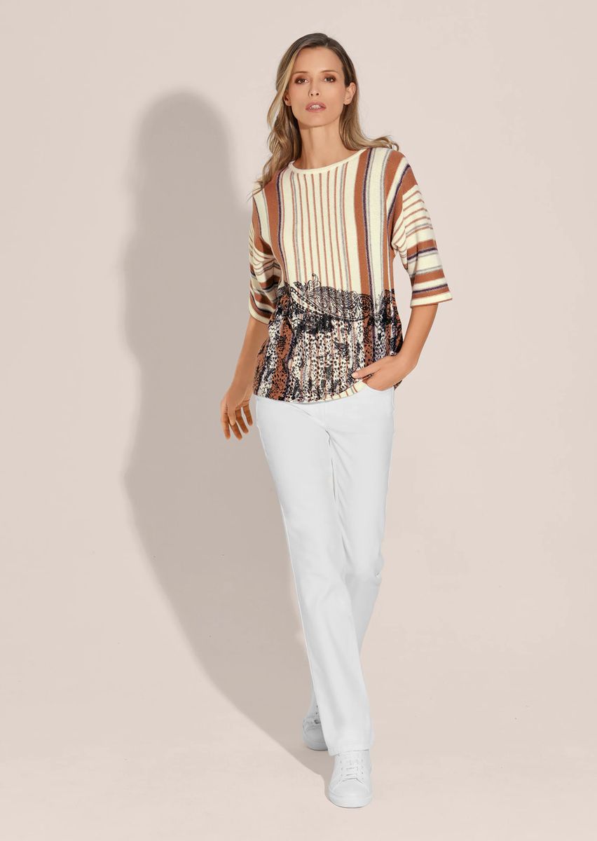 Gestreifter Merino-Kaschmir-Pullover mit Paisley-Druck