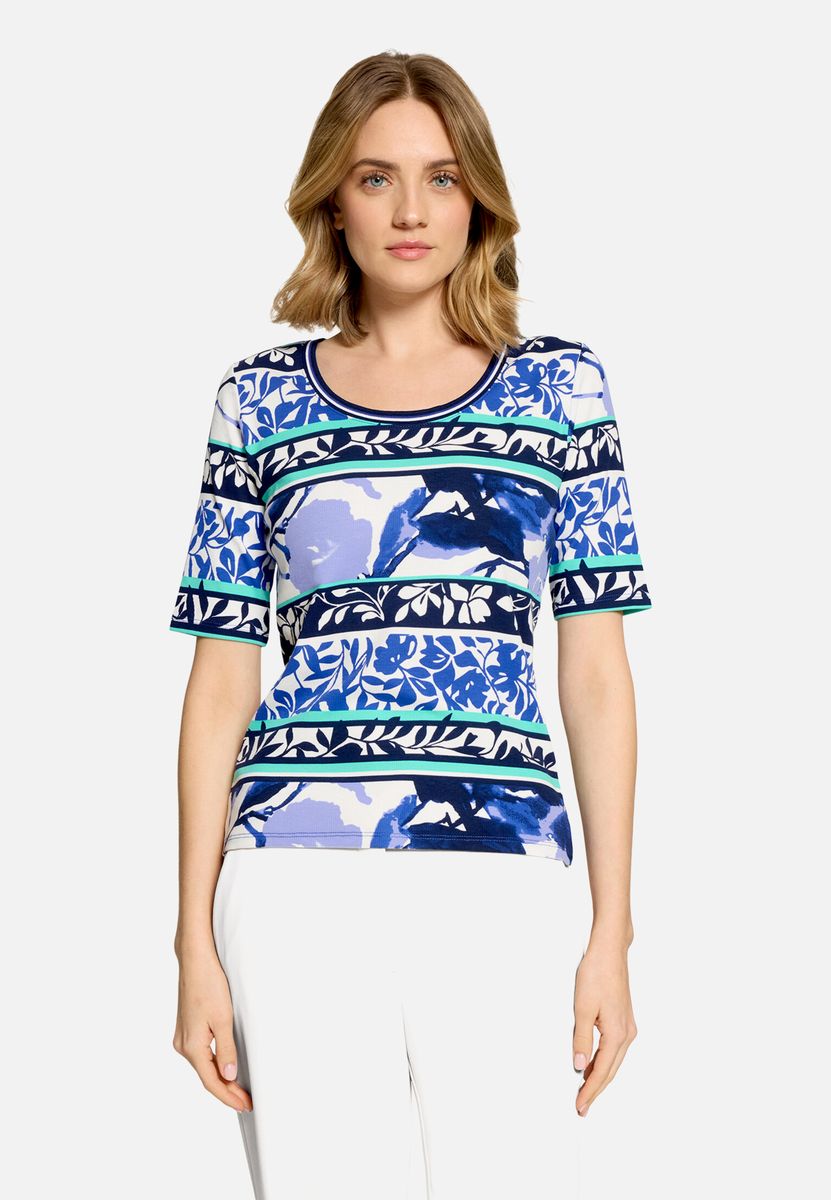 Geripptes T-Shirt mit Blumenmuster