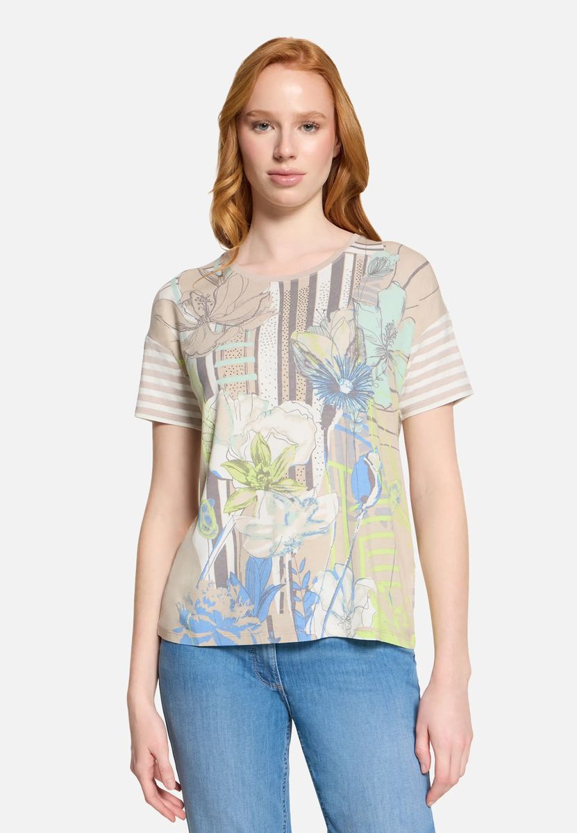 Gestreiftes T-Shirt mit Blumenmuster-Mix
