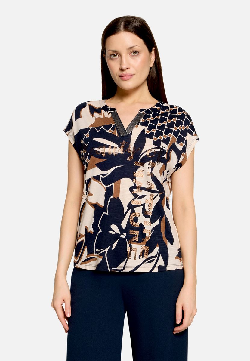 Jersey-Top mit Blumendruck und Pailletten