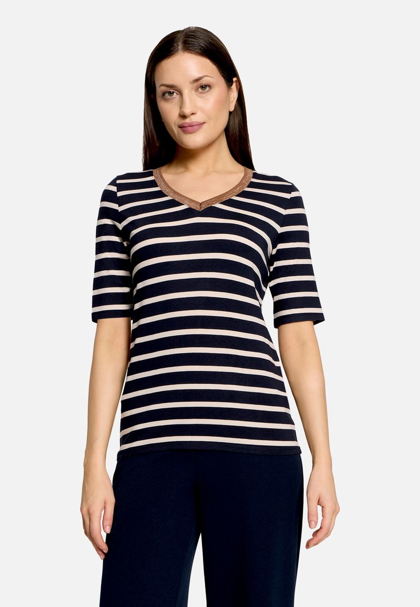 Gestreiftes V-Neck Shirt mit Glitzersaum