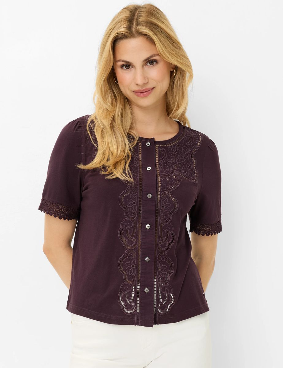 Besticktes Jersey-Top mit Knopfleiste