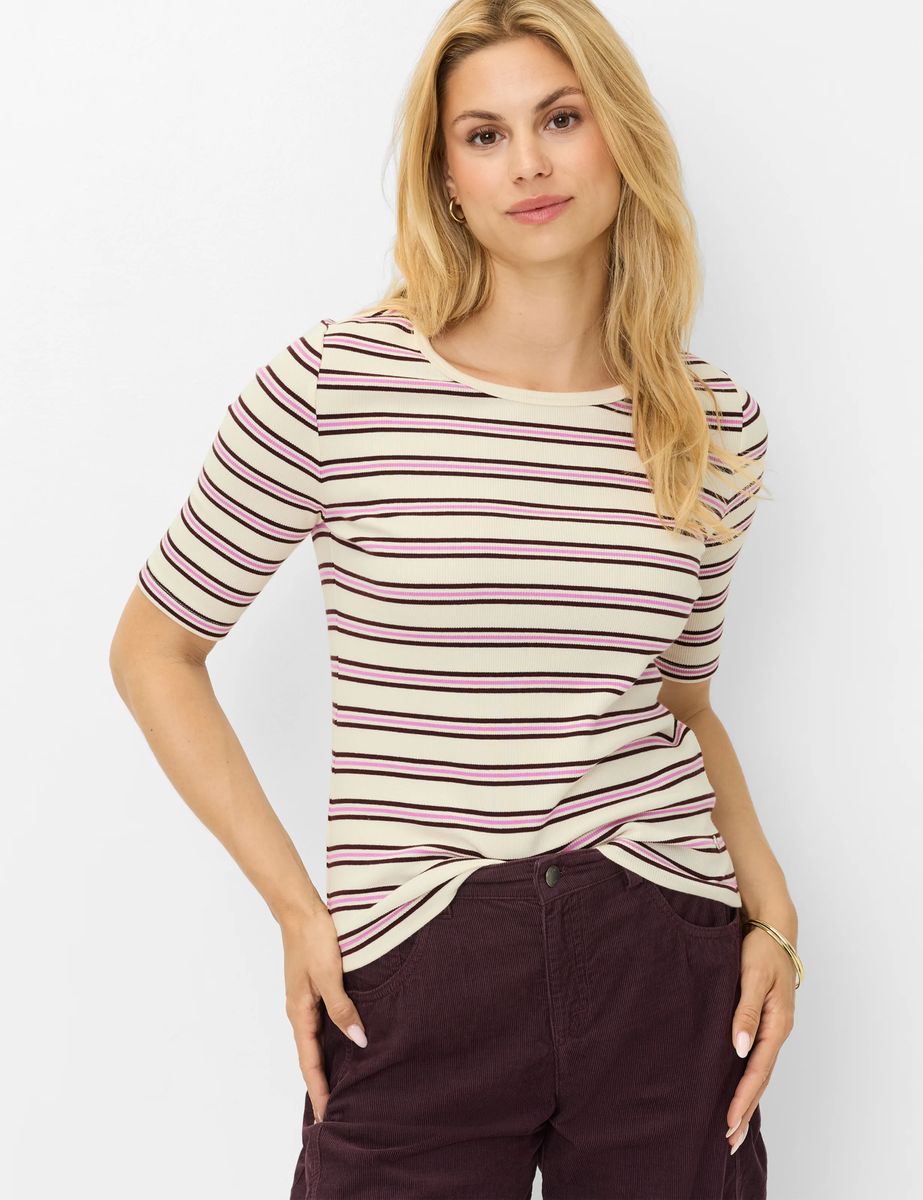 Gestreiftes Rippen-Shirt mit Halbarm