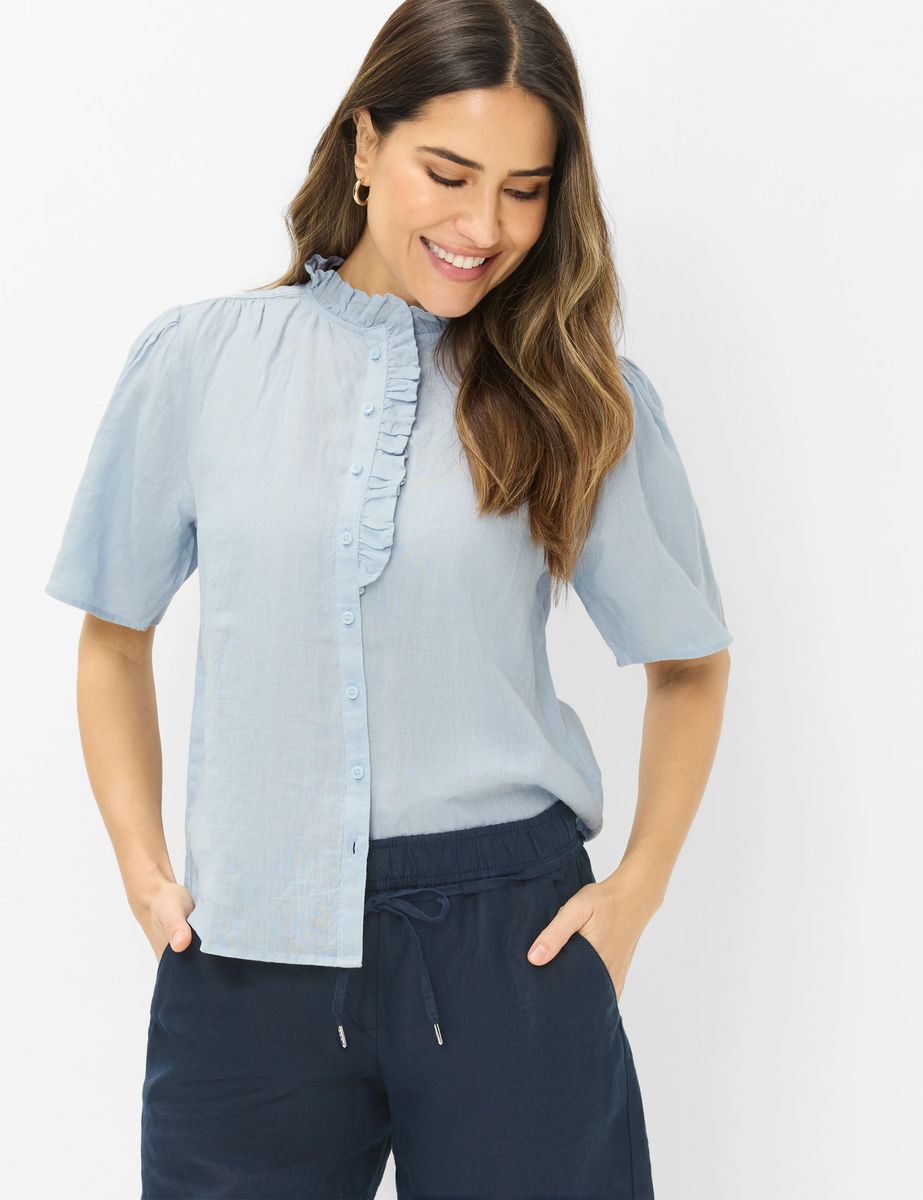 Kurzärmelige Leinenbluse mit Rüschen
