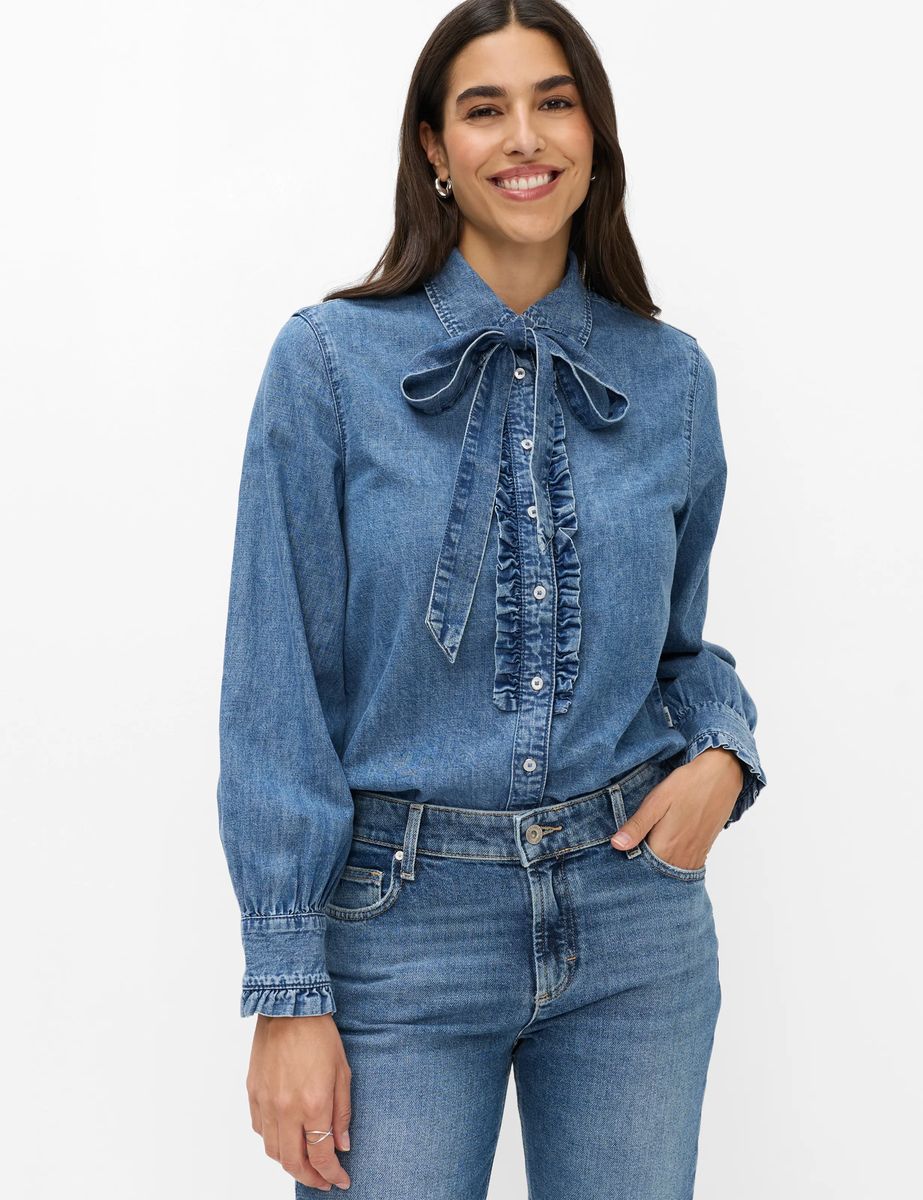 Jeansbluse mit Rüschen und Schleife