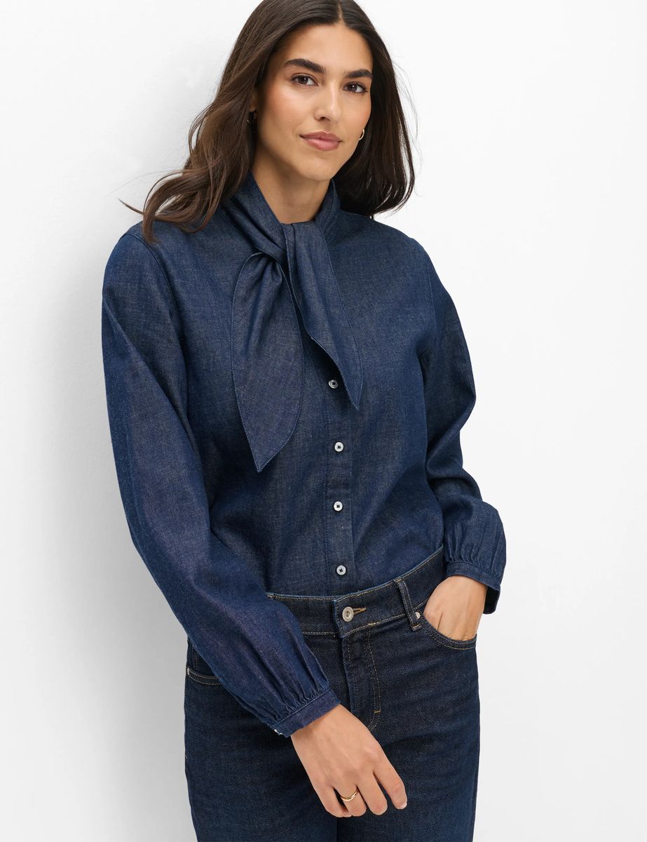 Jeansbluse mit Schluppe und Raffung