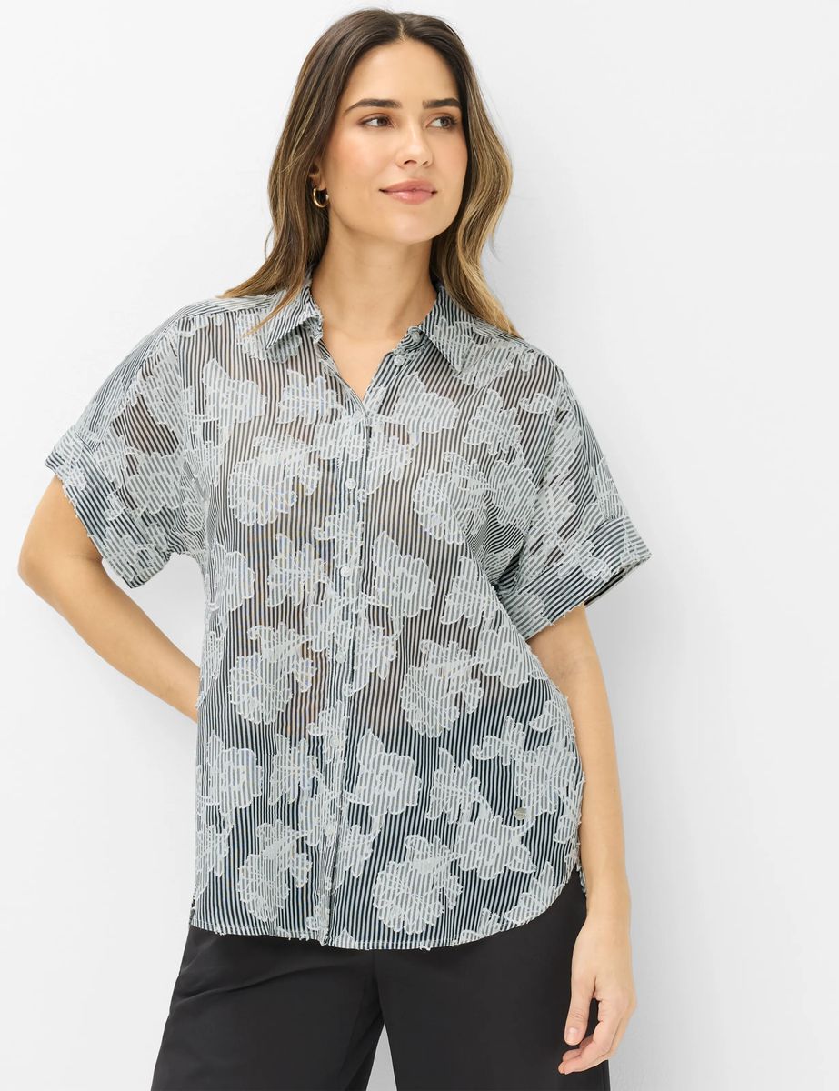 Kurzarmbluse mit floralem Jacquard-Muster