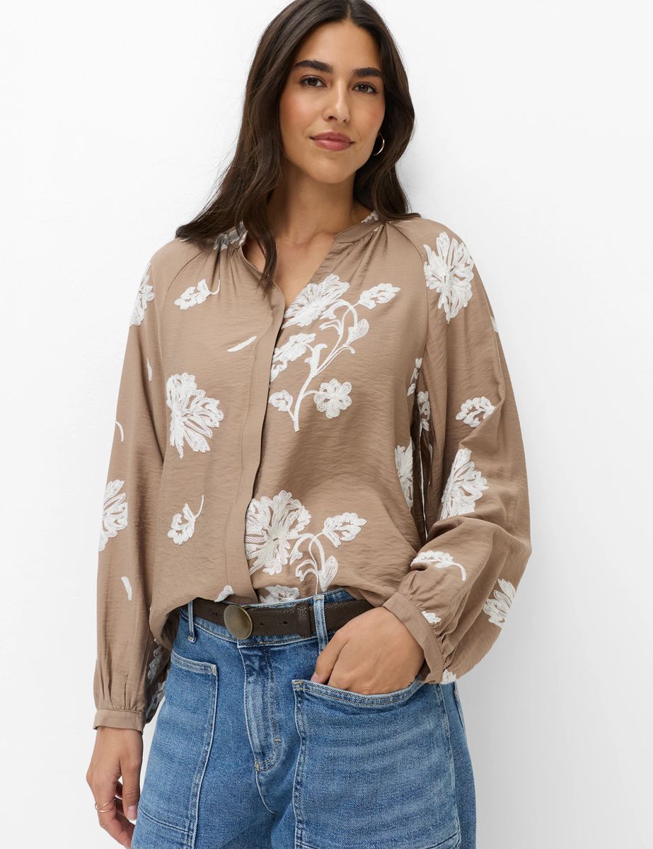 Bestickte V-Ausschnitt-Bluse mit Ballonärmeln