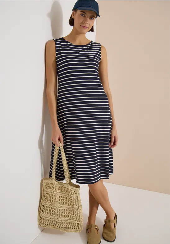 Gestreiftes ärmelloses Jersey-Midikleid
