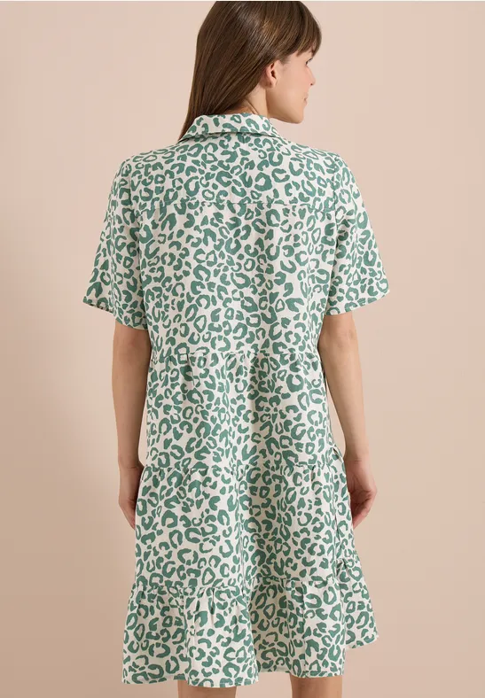 Gestuftes Leinenkleid mit Leopardenmuster