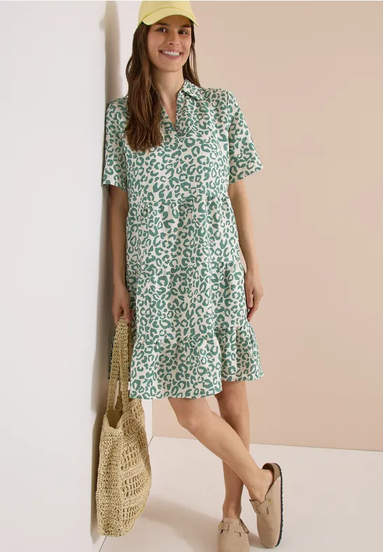 Gestuftes Leinenkleid mit Leopardenmuster